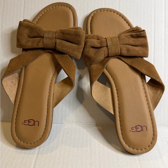 UGG Shoes - UGG Fonda Suede Slide Sandals Bow Thick Straps Chestnut 7.5 Brown